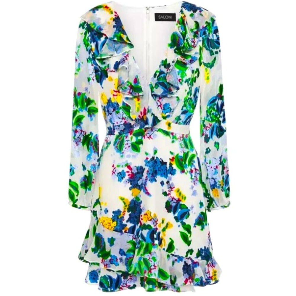 NWT Saloni jodie floral devoré-chiffon mini dress ecru cream begonia US8 UK12